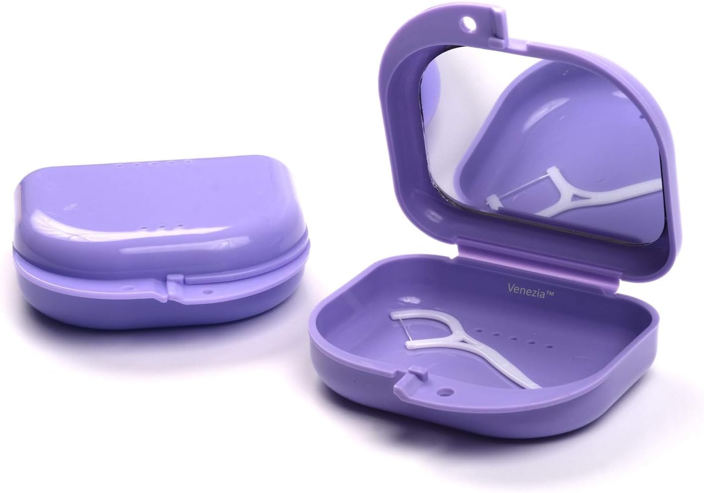 Ventilated Retainer Case with Mirror - Includes Floss Stick - Ideal for Aligners, Retainers, Braces, Dentures & Mouthguards - Slim Orthodontic Dental Case (Lilac Mirror)