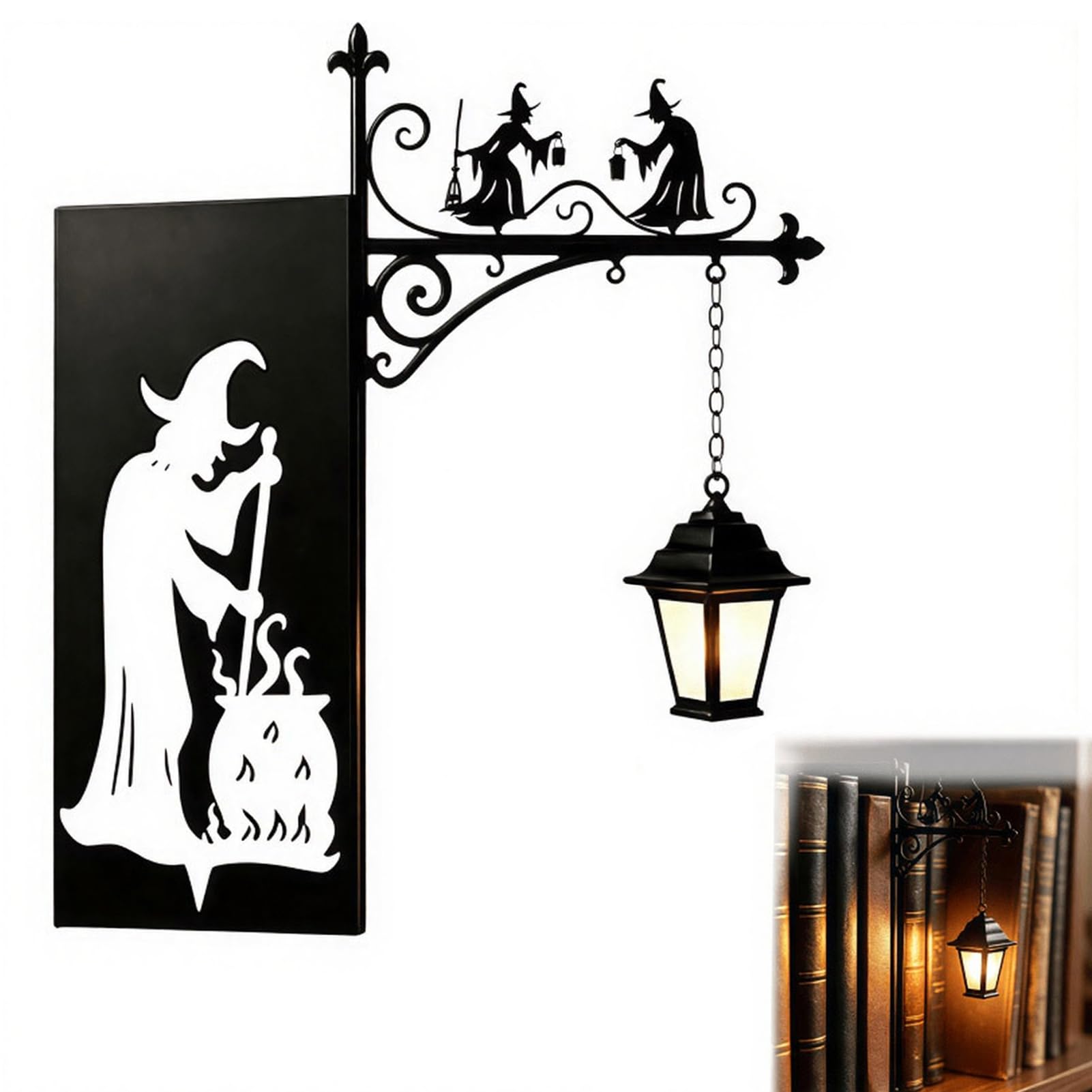 HshDUti Library Lantern Bookshelf Lamp, Vintage Hanging LED Bookshelf Lights with Bookend-Style Base, Warm Decorative Bookshelfs Lighting for Book Nook, Home Library, Study and Reading Corner Witch