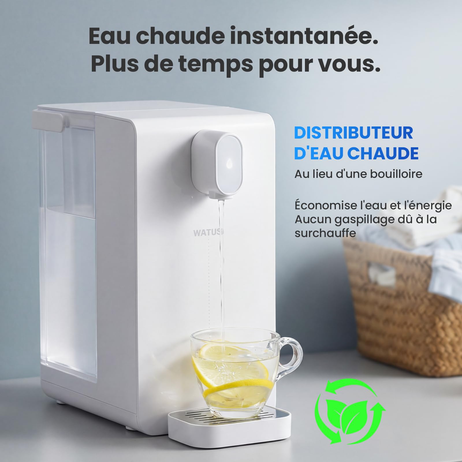 Distributeur eau chaude, distributeur instantané avec filtration et chauffage, 3 cartouches filtrantes. Filtrez l'eau pour réduire le calcaire, le chlore, le plomb.