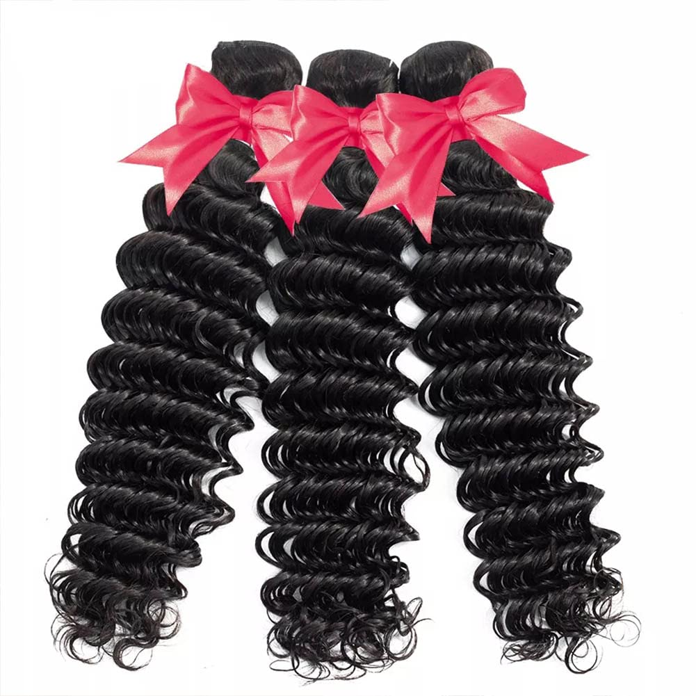 Mariska Deep Wave Bundles Brazilian Human Hair 3 Bundles Unprocessed Virgin Remy Hair Bundles Wet Wavy Human Hair Weave Bundles Natural Black Color (12/14/16, Deep Wave 3 Bundles)