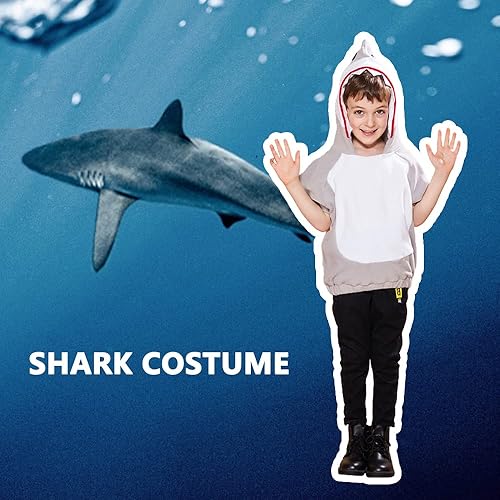 Miniatura 5 de EraSpooky Sudadera corta con capucha de tiburón para niños, disfraz de tiburón para Halloween, traje de animal de manga corta