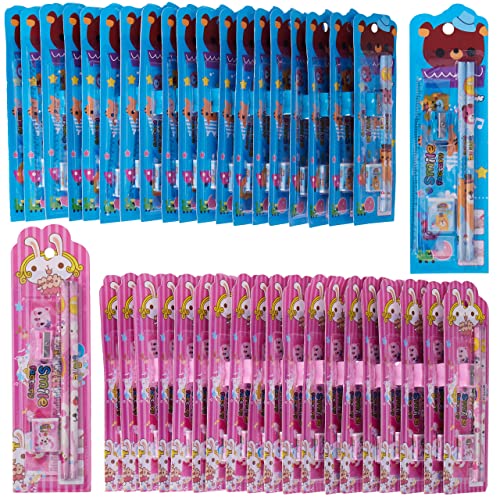 THE TWIDDLERS - 40 conjuntos de papelaria infantil, 20 rosas e 20 azuis - contém dois lápis, régua, afia e borracha - Multipack perfeito para encher sacos de festa infantis