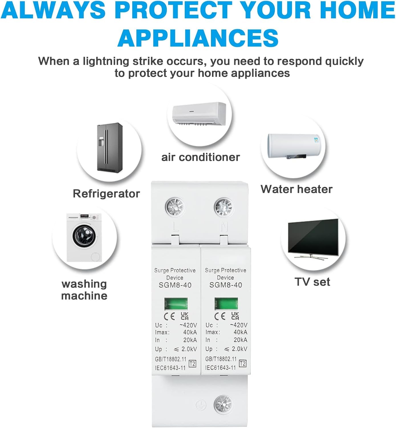 DEWIN Scaricatore di Sovratensione 220V 2P 40kA AC 420V Dispositivo di Protezione Contro le Sovratensioni