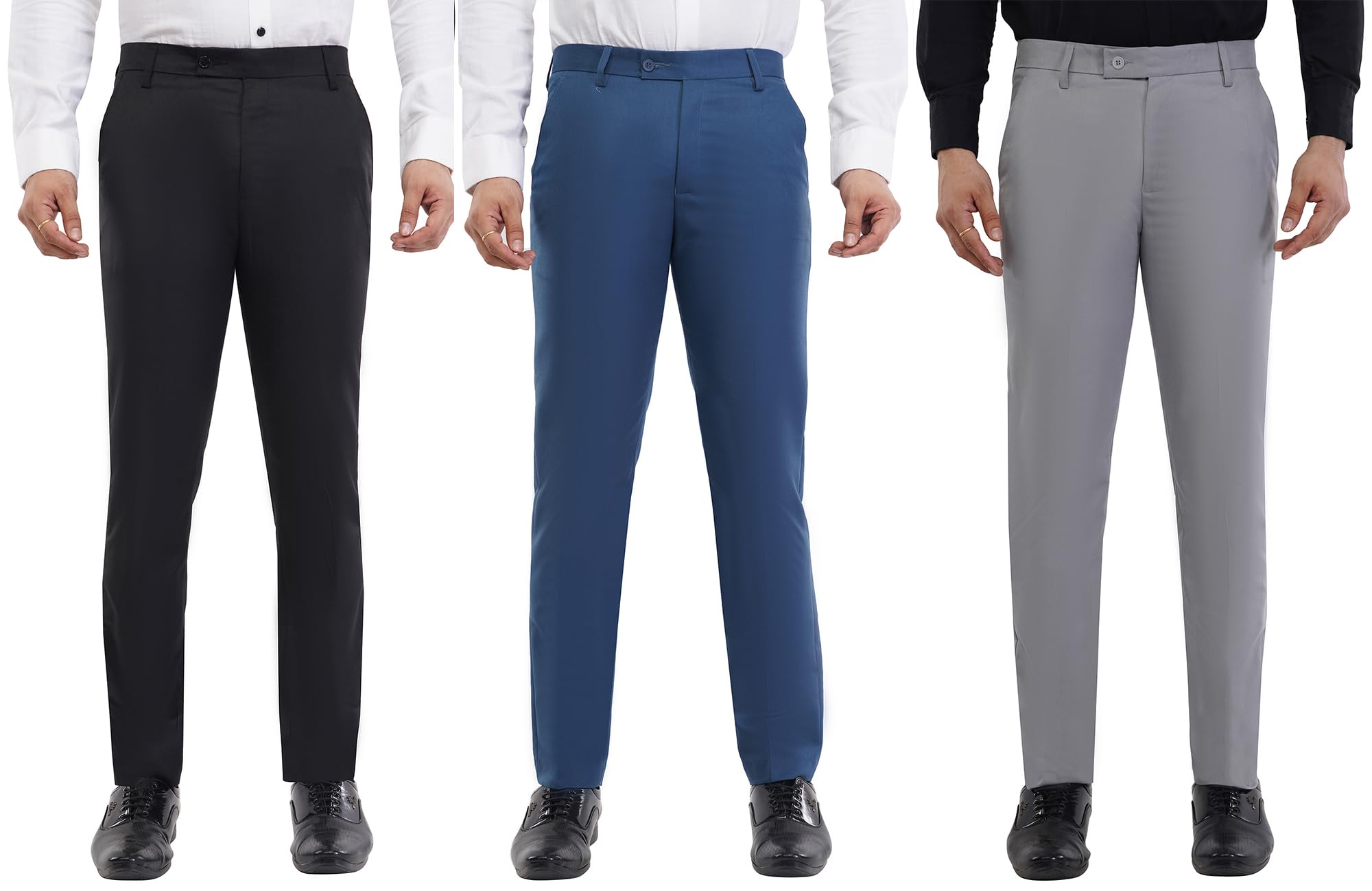 Men Regular Fit Solid Pattern Poly Viscose Blend Flat Front Formal Trouser |Pack of 3-image-27