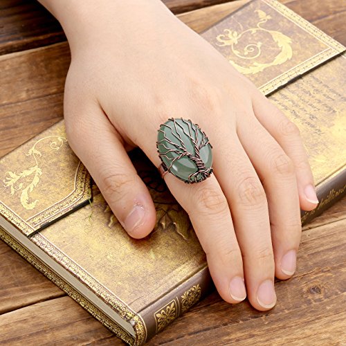 Top Plaza Handmade Retro Vintage Copper Wire Wrapped Life Tree Oval Gemstone Healing Crystal Adjustable Ring Bronze Band Size 6 7 84