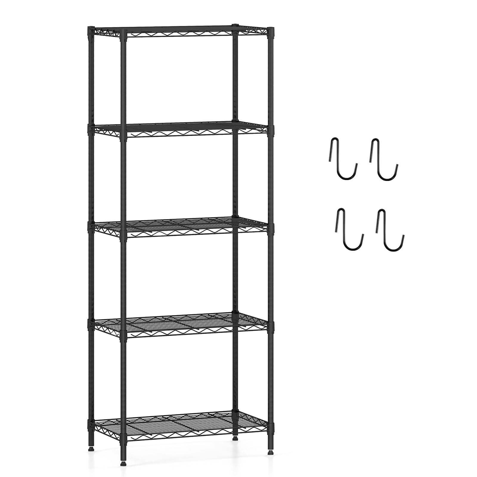 COSTWAY 3/4/5/6-Tier Metal Shelving Unit, Adjustable Wire Storage Shelves with V-shaped Shelving Rack & 4 Hooks, Narrow Utility Storage Shelf for Home Kitchen Garage (59 x 34 x 152cm, 5) — image 1