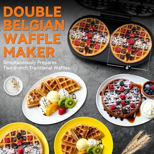 Image of Baker's Friend Double Belgian Waffle Maker Thick, 2 X 6 inch Round Waffle Maker, Belgium Waffle Iron, Waflera Electrica with Non-stick Plates, 1200W, Perfect for Kids & Family Breakfast, Graphite