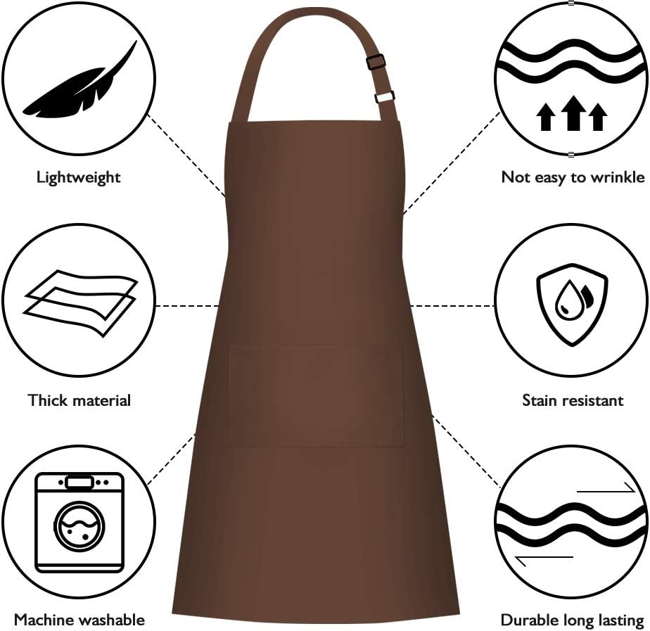 Brown Polyester Adjustable Bib Aprons with Pockets, Set of 2