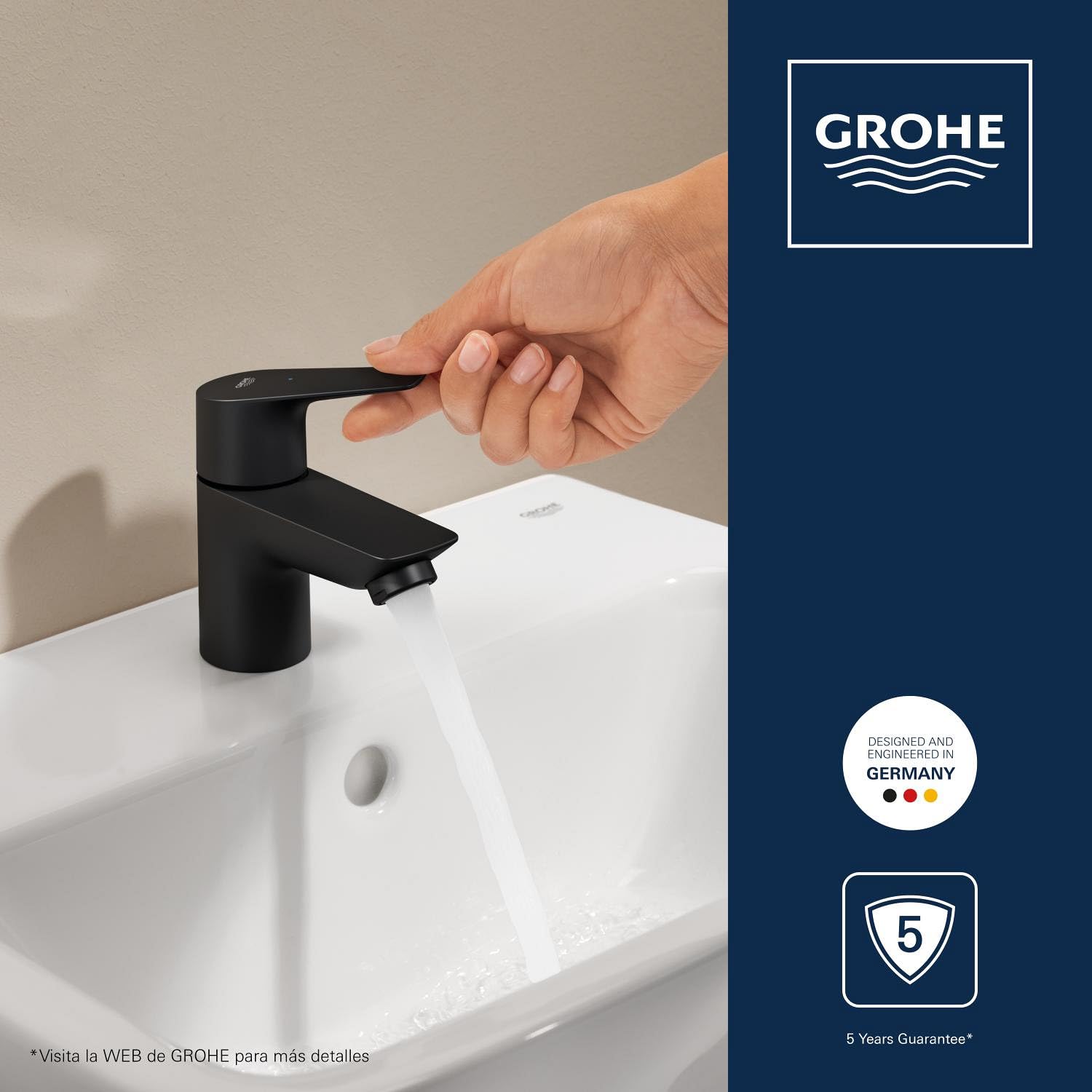 GROHE Start Edge - Grifo de repisa (Talla XS, montura cerámica, ahorro de agua, tuerca de fijación G 1/2"), Negro Mate, 1059632431