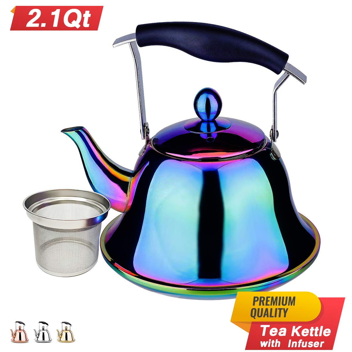 Rainbow Whistling Tea Kettle Stainless Steel Stovetop Teakettle Sturdy Teapot for Tea Coffee Fast Boiling with Infuser Color Rainbow Mirror Finish 2 Liter / 2.1 Quart (Rainbow)