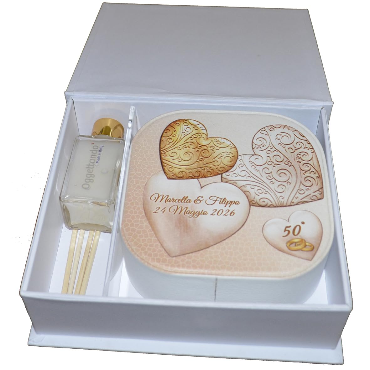 ZESTAW 6 Konfigurowalny Faux Skóra Serca Perfumy z Skoordynowanym Box Ślub, Chrzest, Komunia, Stopień licencjata, Chrzciny, Rocznice i prezenty oryginalne i tanie (50 Lata P)