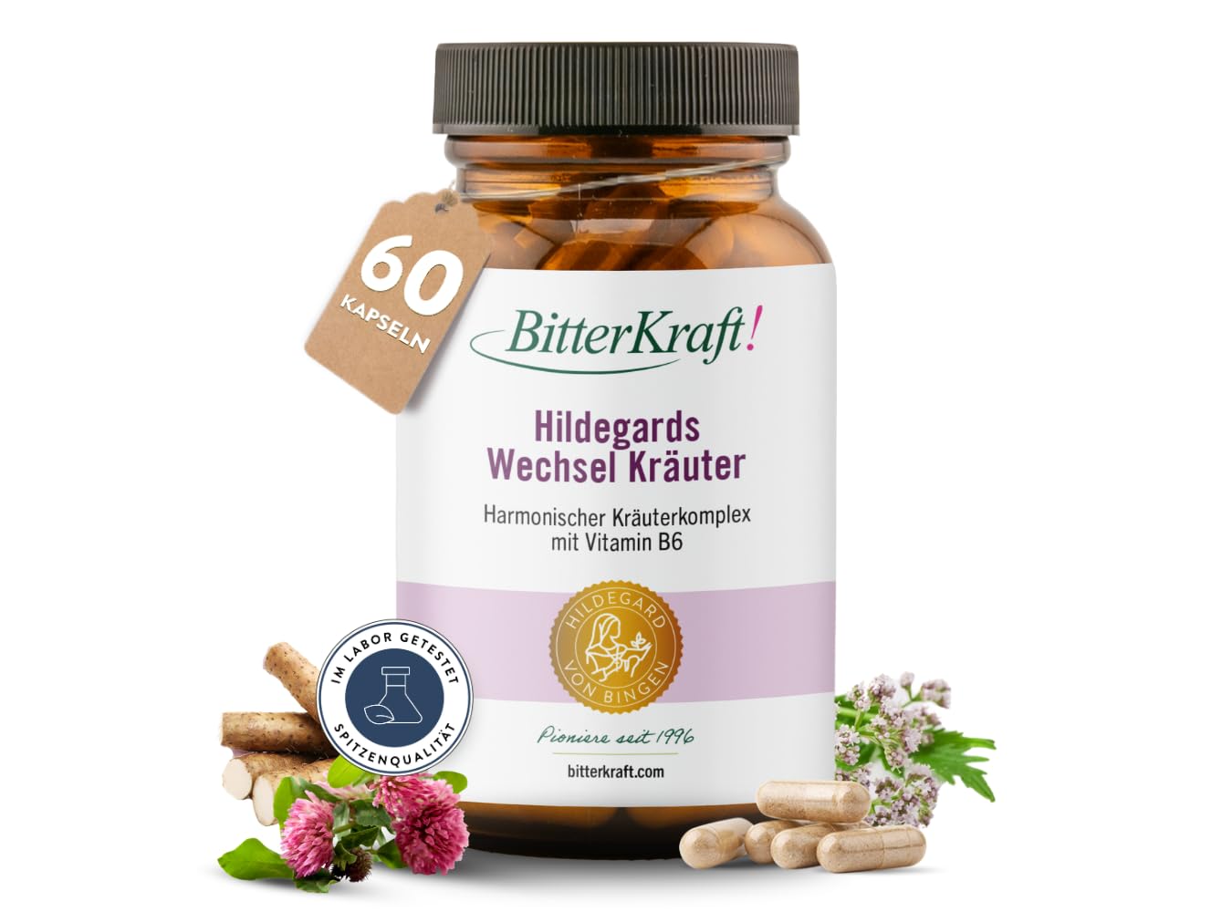 BitterKraft! Wechseljahre-Kapseln 90 Stk – mit Yamswurzel, Rotklee & Baldrian, Eisen, Vitamin B6 B12, Calcium, Folsäure – ohne Zusatzstoffe – natürliche Balance –100% Natur – Vegan - Made in Germany
