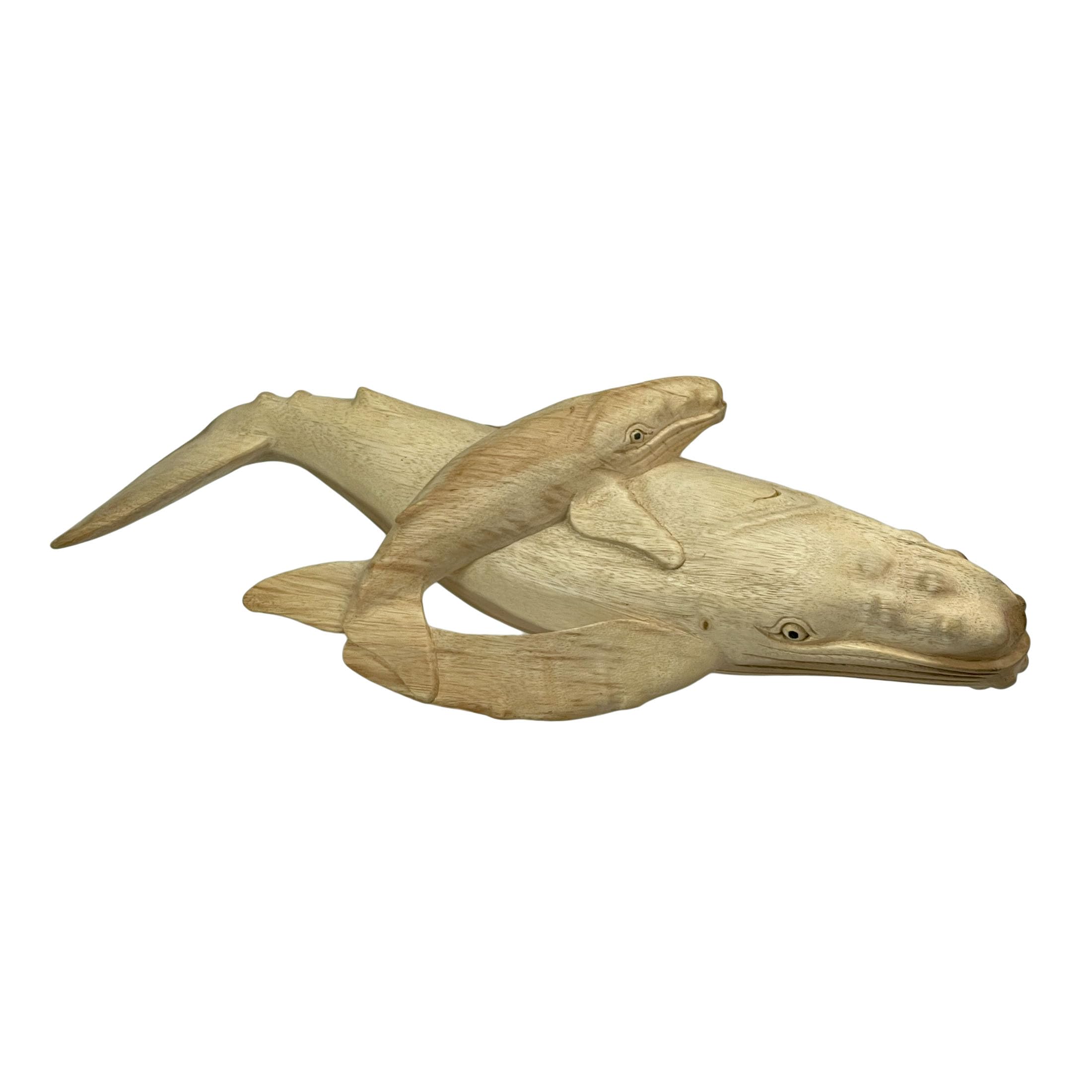 Contrast Beautiful Carved Teak Wood Humpback Whale and Baby Tabletop Statue 20 Inches Long, Brown