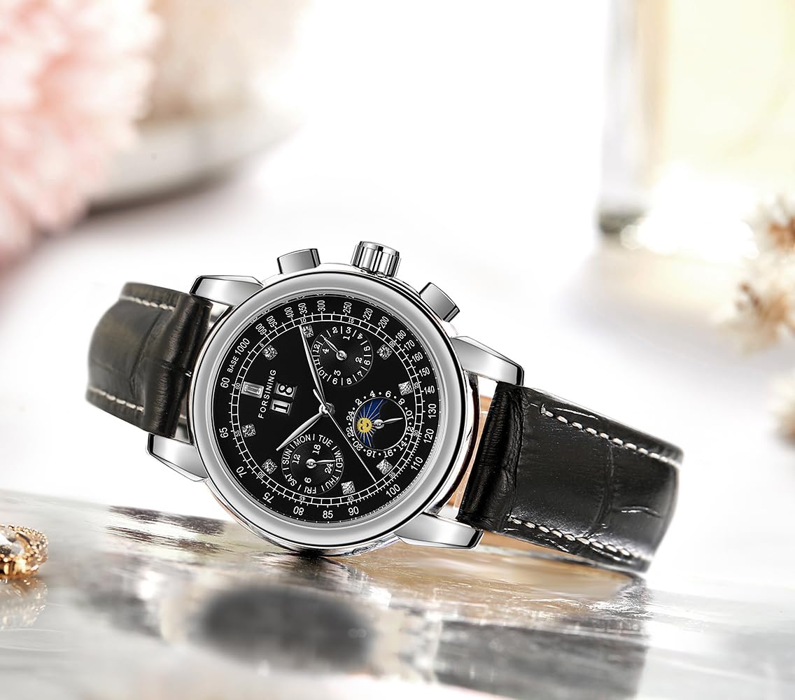 FORSINING Wasserdichte automatische Business-Armbanduhr für Damen, Kalender, selbstaufziehend, Edelstahl, Mondphasen-Armbanduhr, Schwarz, Schwarz , Armband