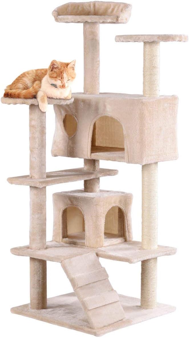 Tangkula Cat Tree, Multi-Level Cat Tree Tower with Scratching Post & Ladder, Pet Furniture Play House Kitten Condo Cat Tower for Kittens, Cats and Pets (52'') (Beige)