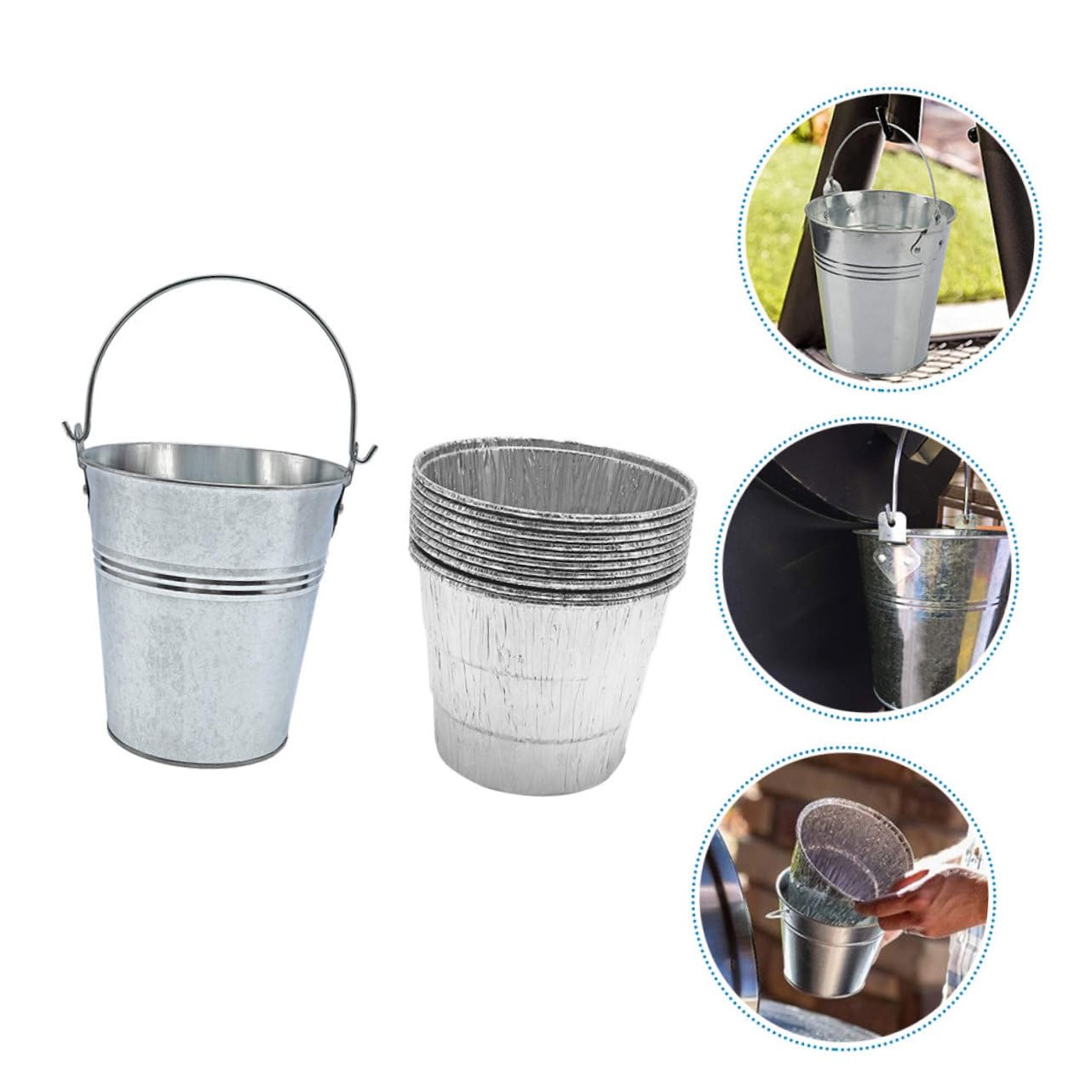 Abaodam Secchio Raccogli-Grasso BBQ in Ferro con 10 Rivestimenti | Argento, Aderenza al Contenitore, Facile da Trasportare, per Campeggio e Grigliate