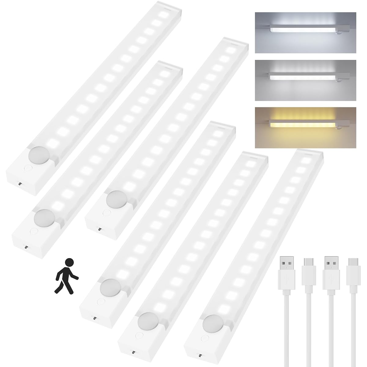 Rihvy Under Cabinet Lighting - 8" Rechargeable Motion Sensor LED, 3 Color