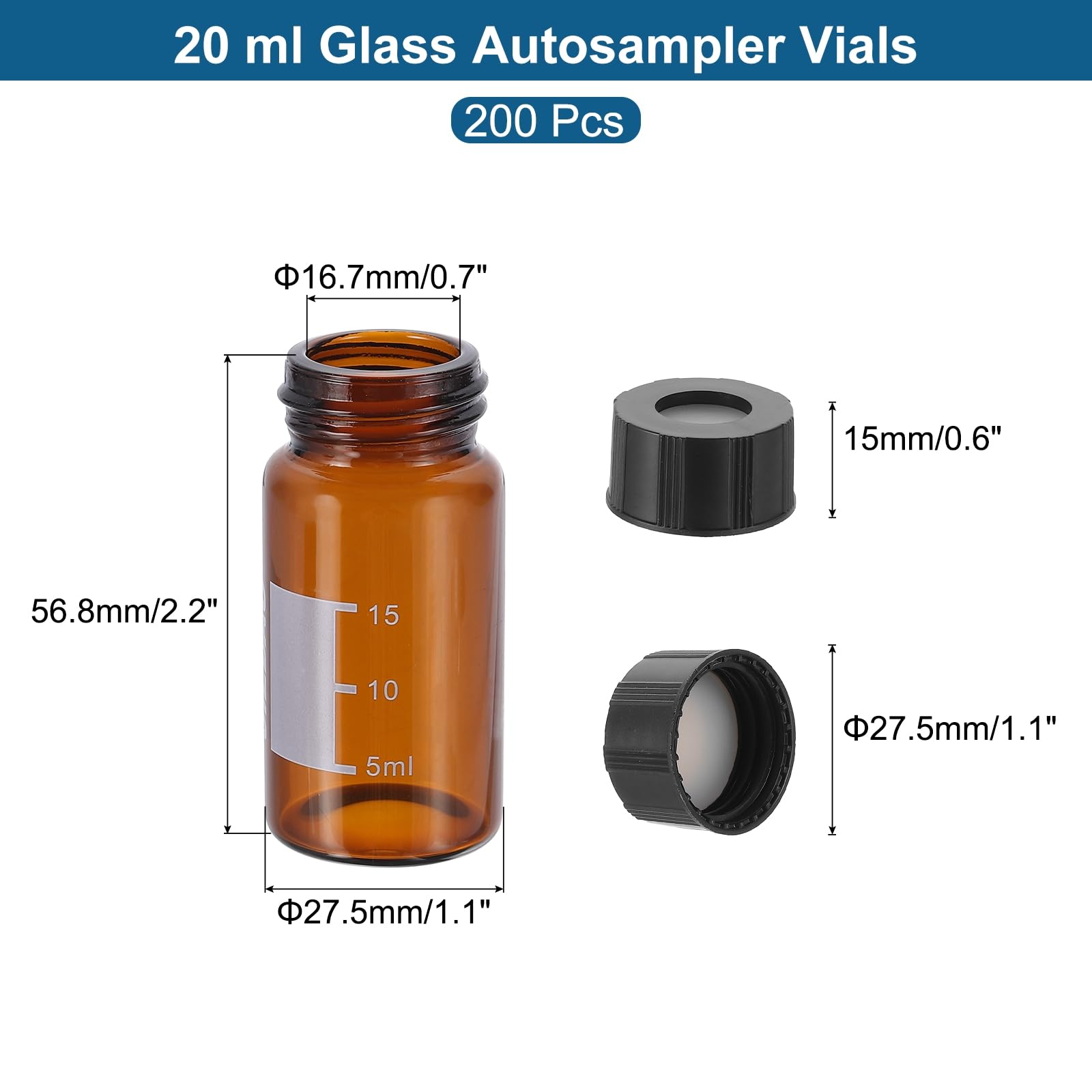 PATIKIL Flacone Da Campionamento Automatico 20ml, 200 Pezzi Con Setti Preforati Per HPLC/GC Flaconi 9-425 Ambra Per Laboratorio Con Tappo A Vite.