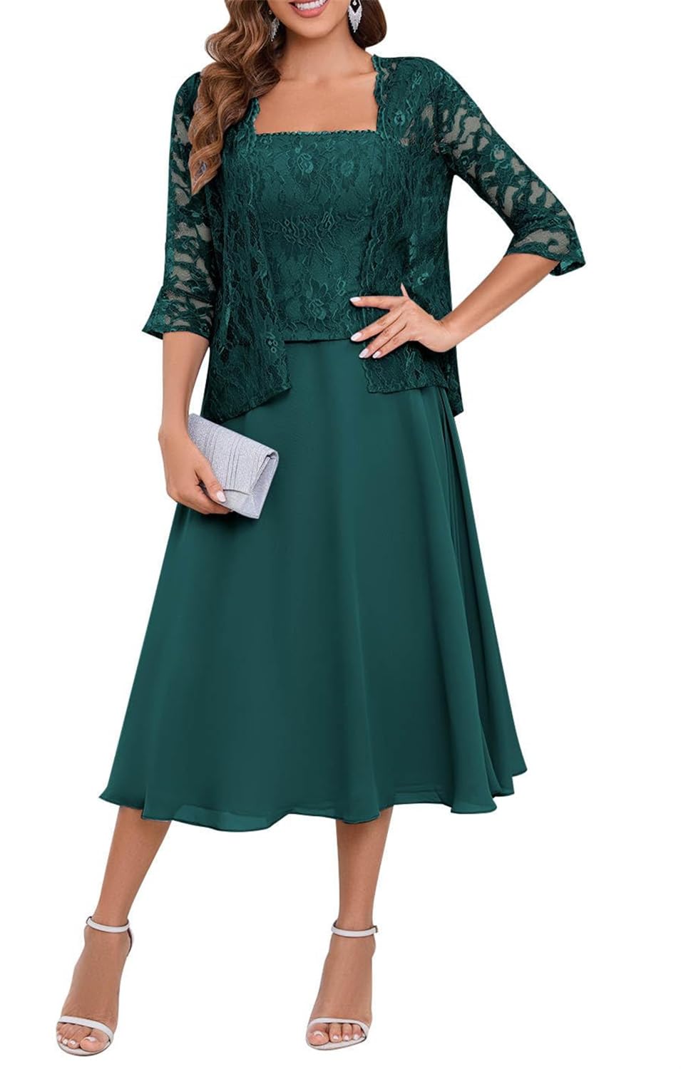 Yiann Women's Teal Mother Of The Bride Dresses With Jackets Square Neck Chiffon Tea Length Mother Of Groom Dress For Uk14
