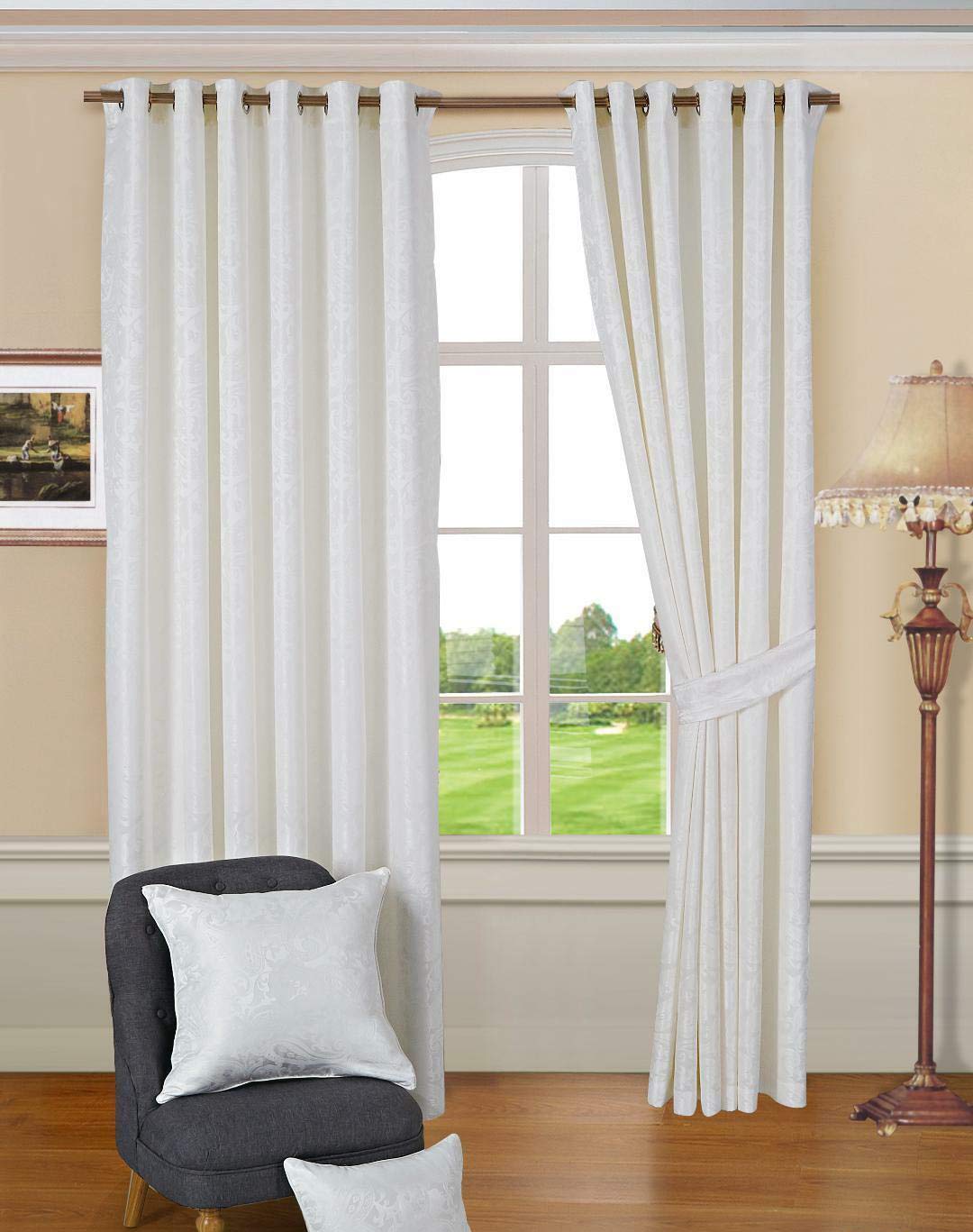 Householdfurnishing Jacquard Microfiber Polyester Luxury Quality Curtain + Tieback (Cleo Curtain White, in W 90 x in L 72 228cm x 183)