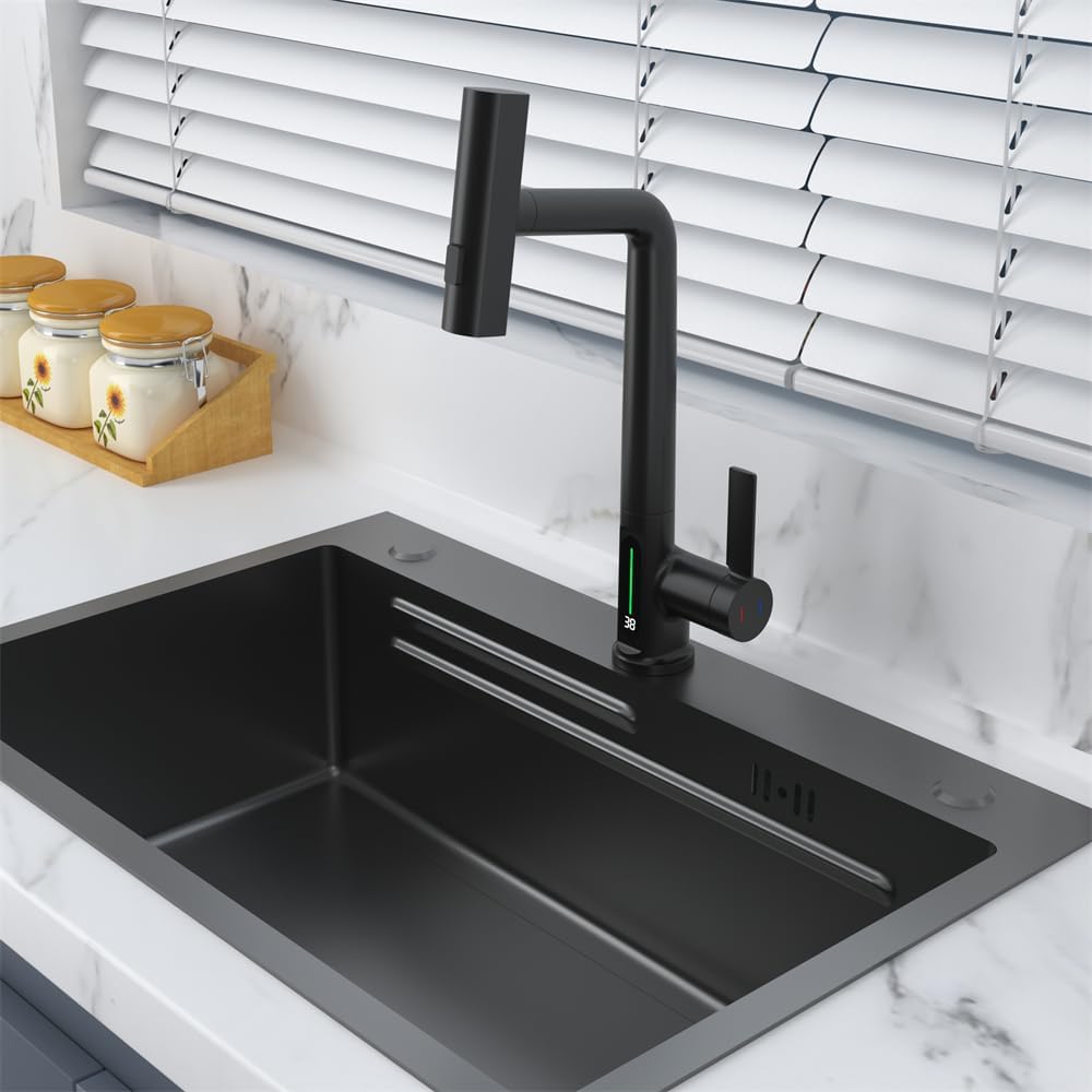 Kitchen Single Handle Basin Sink Pull Out Faucet with Rainfall Spray Head Temperature Digital Display Mixer Tap for Bar Laundry rv Utility Sink Matte Black