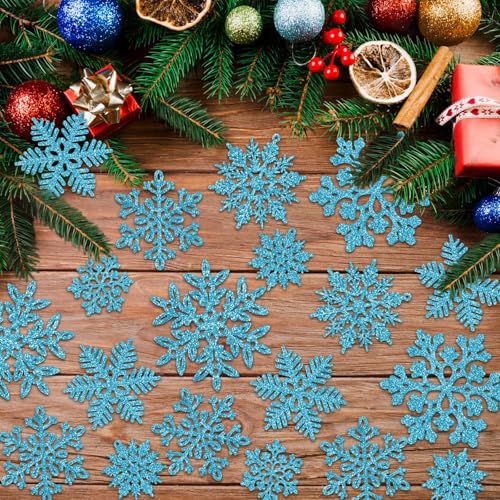Image of 49Pcs Christmas Ornaments Snowflake Decorations Clearance - Blue Glitter Christmas Ornaments Hanging Snowflakes for Winter Christmas Tree Wall Ceiling Window Ornaments