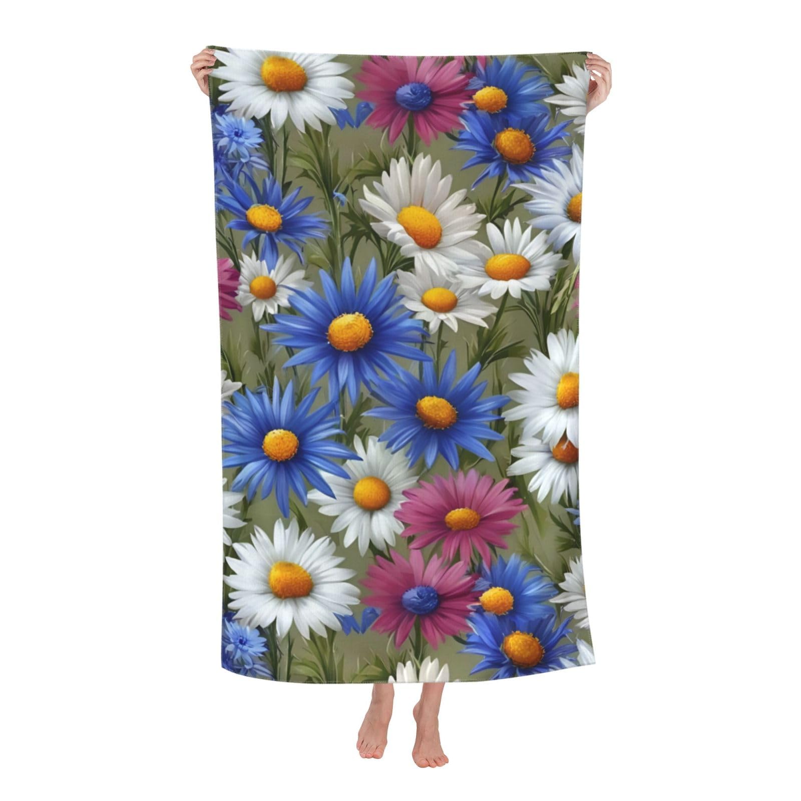 Pojknbv White Flowers And Cornflowers Daisies Print Oversized Adult Beach Towel Quick-Dry Comfortable Lightweight Travel Pool Camping