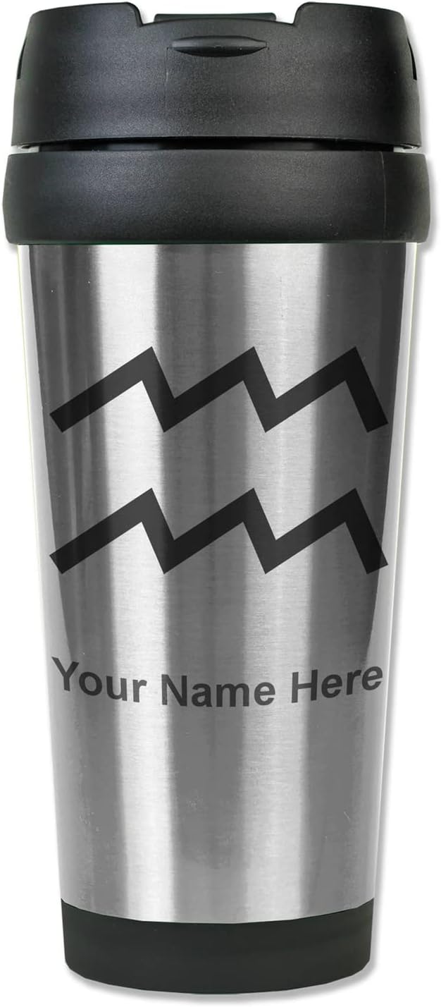 LaserGram 16oz Coffee Travel Mug, Zodiac Sign Aquarius, Personalized Engraving Included (Stainless)