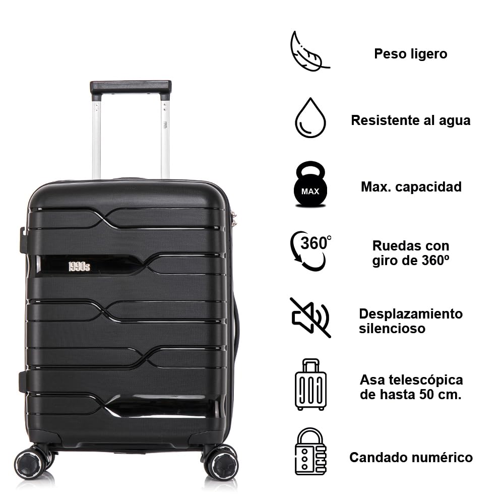 1990s Juego de Maletas expandibles Polipropileno 3 Piezas|Maleta Cabina 55x38x22cm|Mediana expandible 65cm|Grande Extensible 75cm (Negro)