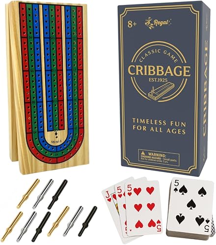 Regal Games Juego de mesa Cribbage con almacenamiento, divertido juego de mesa con tablero de madera para adultos y niños, 9 clavijas de metal,