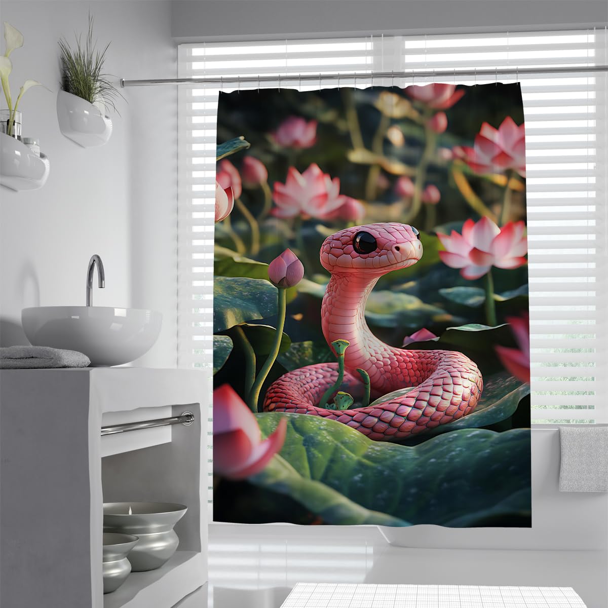 Uiringart Shower Curtains Cute Pink Snake Shower Curtain W100xl200cm Blooming Water Lilies Botanical Design Mold Resistant Quick Dry Washable Bathroom Curtains For Bathtub With Hooks