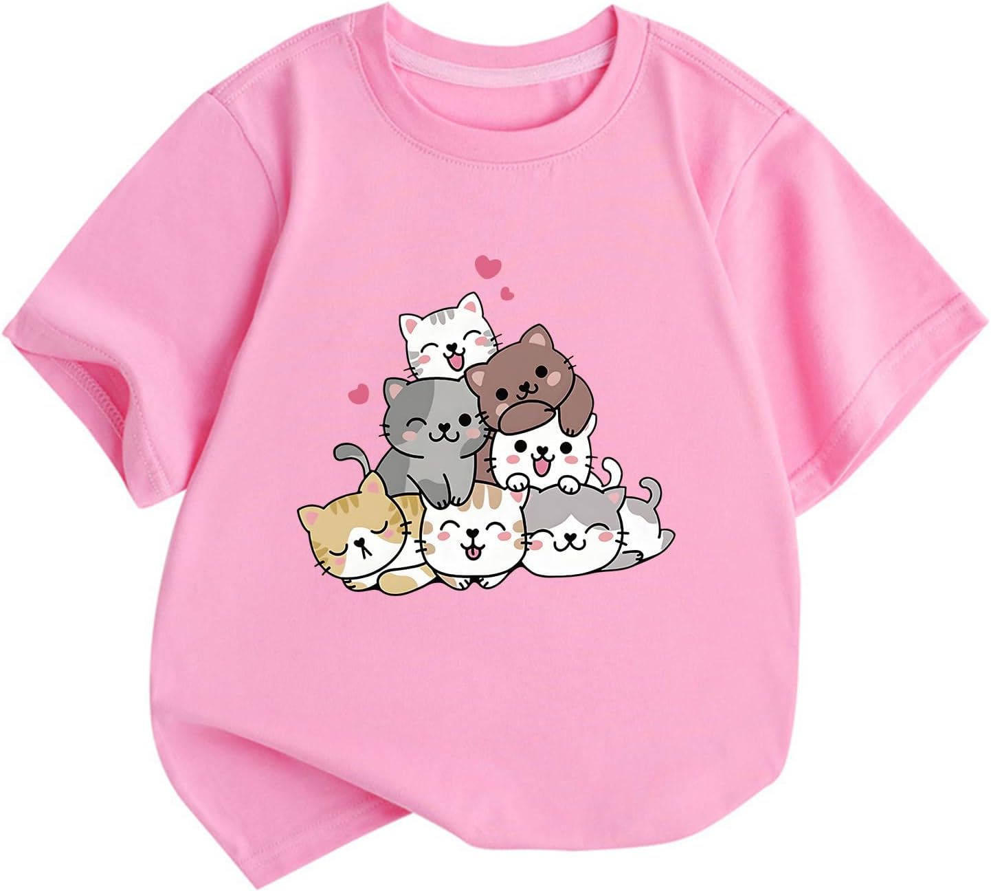 KEEVICI Cute Cartoon Cat Shirts for Girls Kids Graphic Tees Kawaii Animal Pattern T Shirt Cotton Crewneck Summer Loose Tops