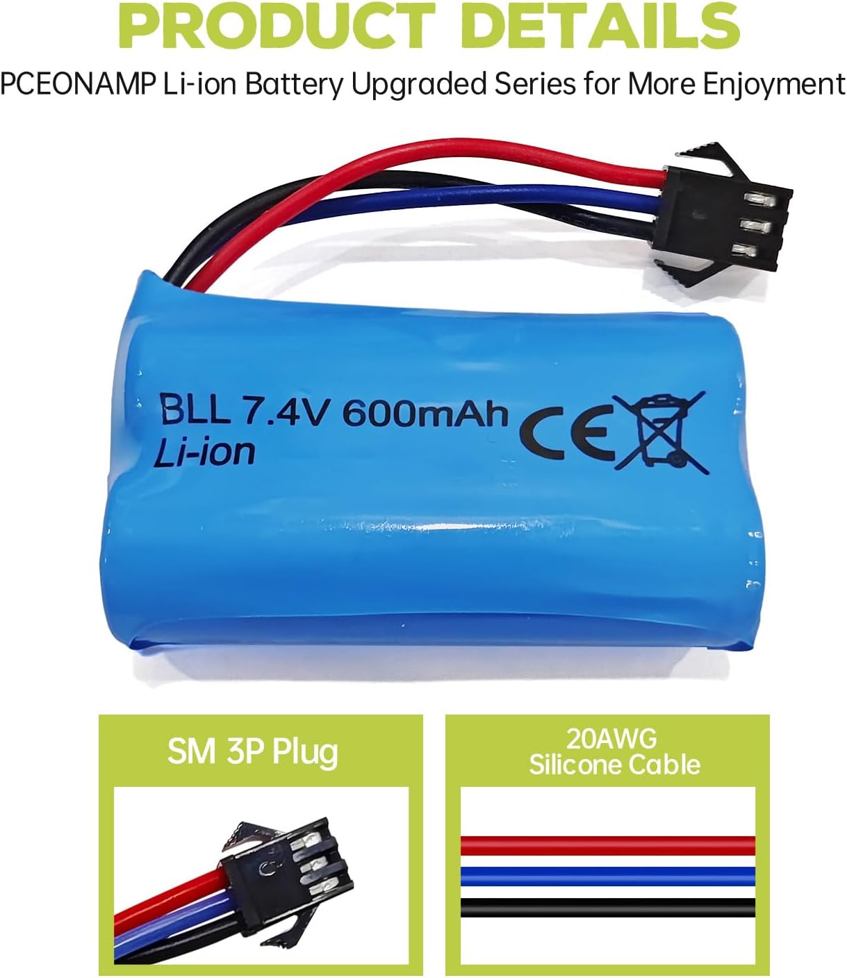 sea jump 2PCS 7.4V 600mah 2S Li-ion Battery with SM-3P Plug and USB Charging Cable Suitable for DE82 TK3086B G20601 RC Toy RC Car TK-3082B Special Effects Flipping Car Battery