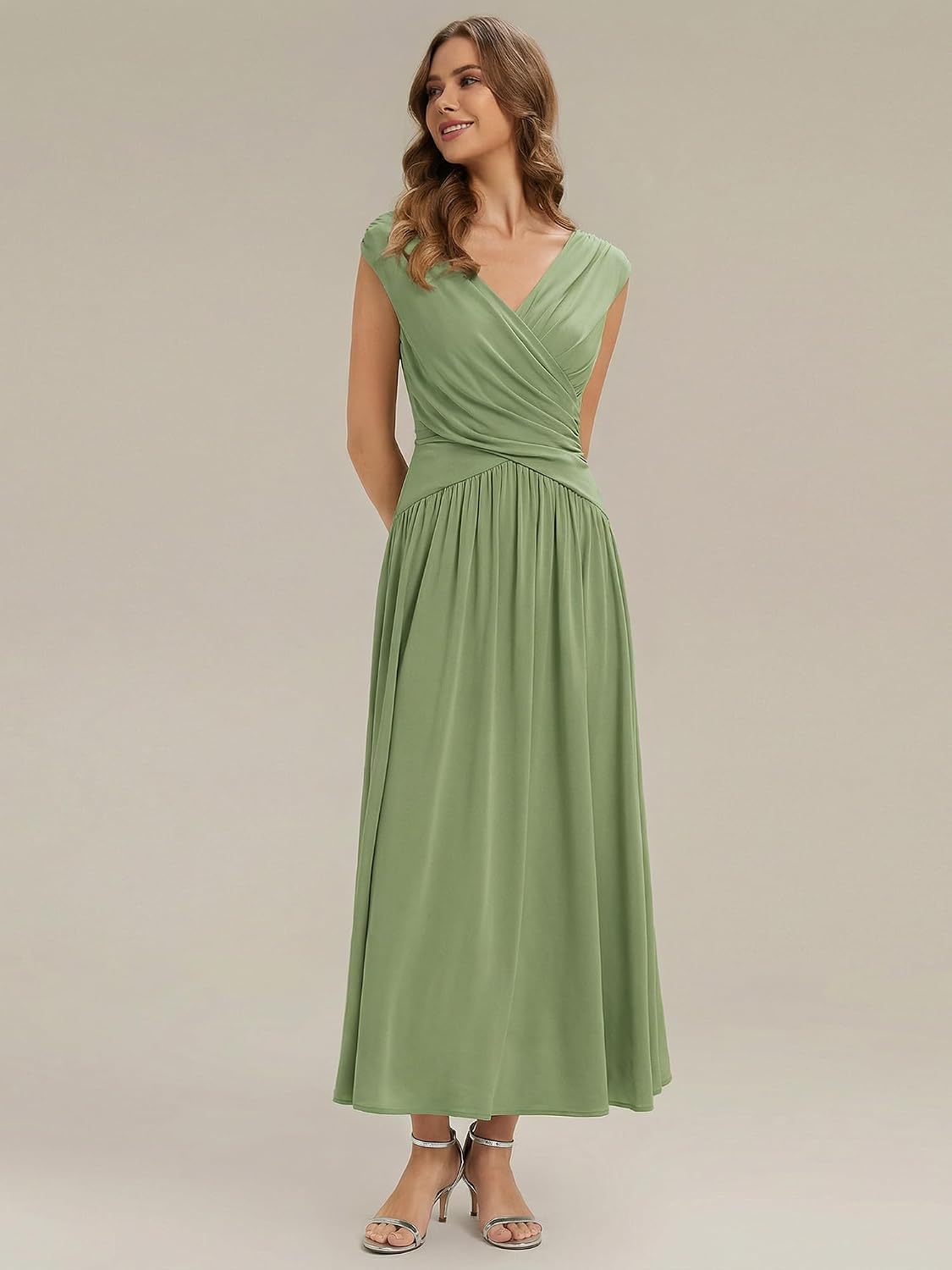 Ever-Pretty Women's V-Neck Sleeveless Ruched Waist A-Line Midi Knit Wedding Guest Dress Semi Formal Dress 02734