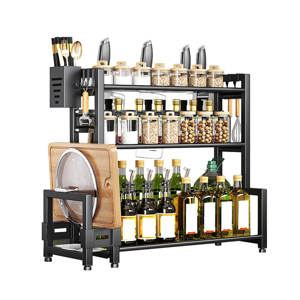 Organizador de Especias para Cocina, Estantería para Especias de 3 Niveles de Pie, Especieros para Cocina de Acero al Carbono con Soporte para Tabla de Cortar, Caja para Utensilios y 6 Ganchos