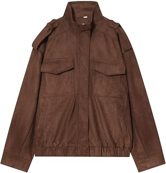 Womens Faux Suede Leather Jackets Zipper Lapel Long Sleeve Bomber Jackets Oversized Blazer Going Out Outwear