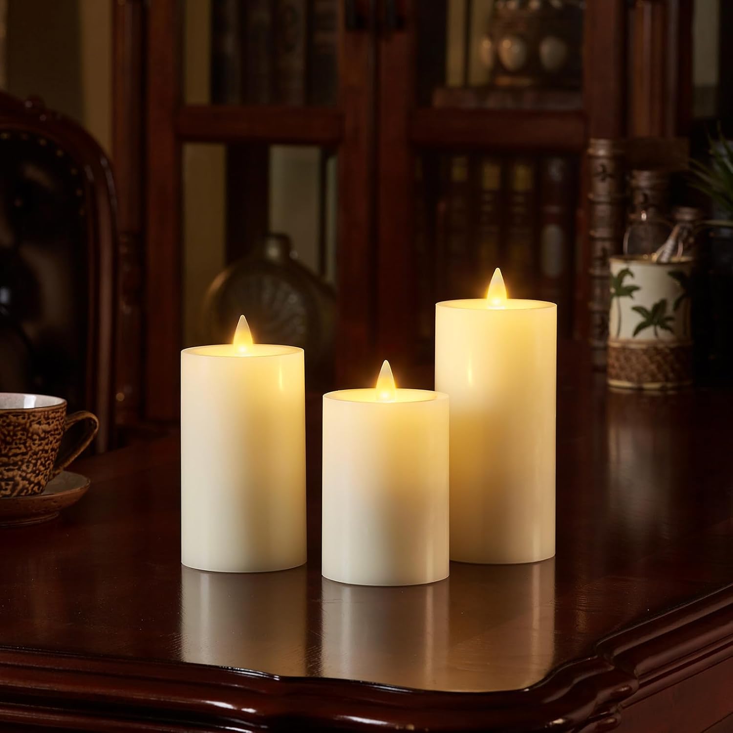 Rechargeable Flameless Pillar Candle with Remote Timer, 3D Moving Flame Real Wax Led Pillar Candles (Ivory, 3''x4''/5''/6'')