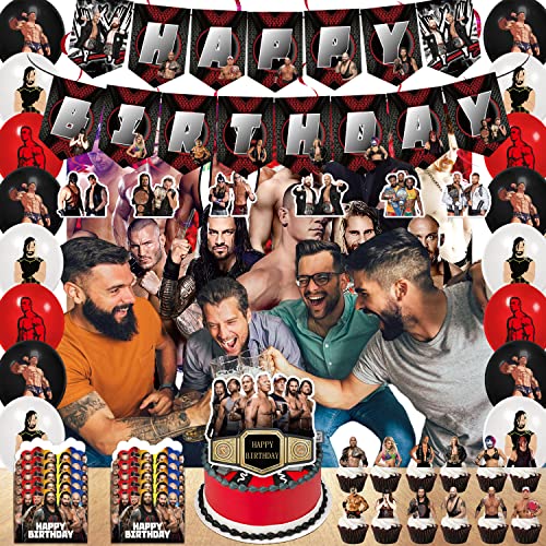 Wrestling Party Supplies Birthday Party Decorations Set, Include Banners, Cake Topper, Cupcake Toppers, Balloons, Hanging Swirls, Invitation Cards, And Background For Kids Men Party Decorations #TOP5