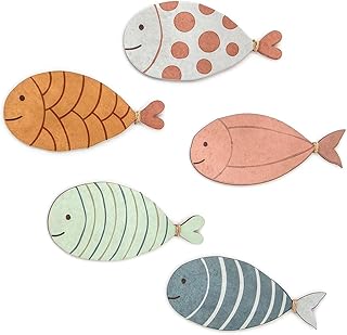 ajdvart Wooden Fish Wall Decor - 5 Pcs Nautical Beach Coastal Wall Decor, Fish Sculpture for Home, Lake House, Ocean Bathroom, Bedroom, Kids Room, Nursery, Playroom Decor