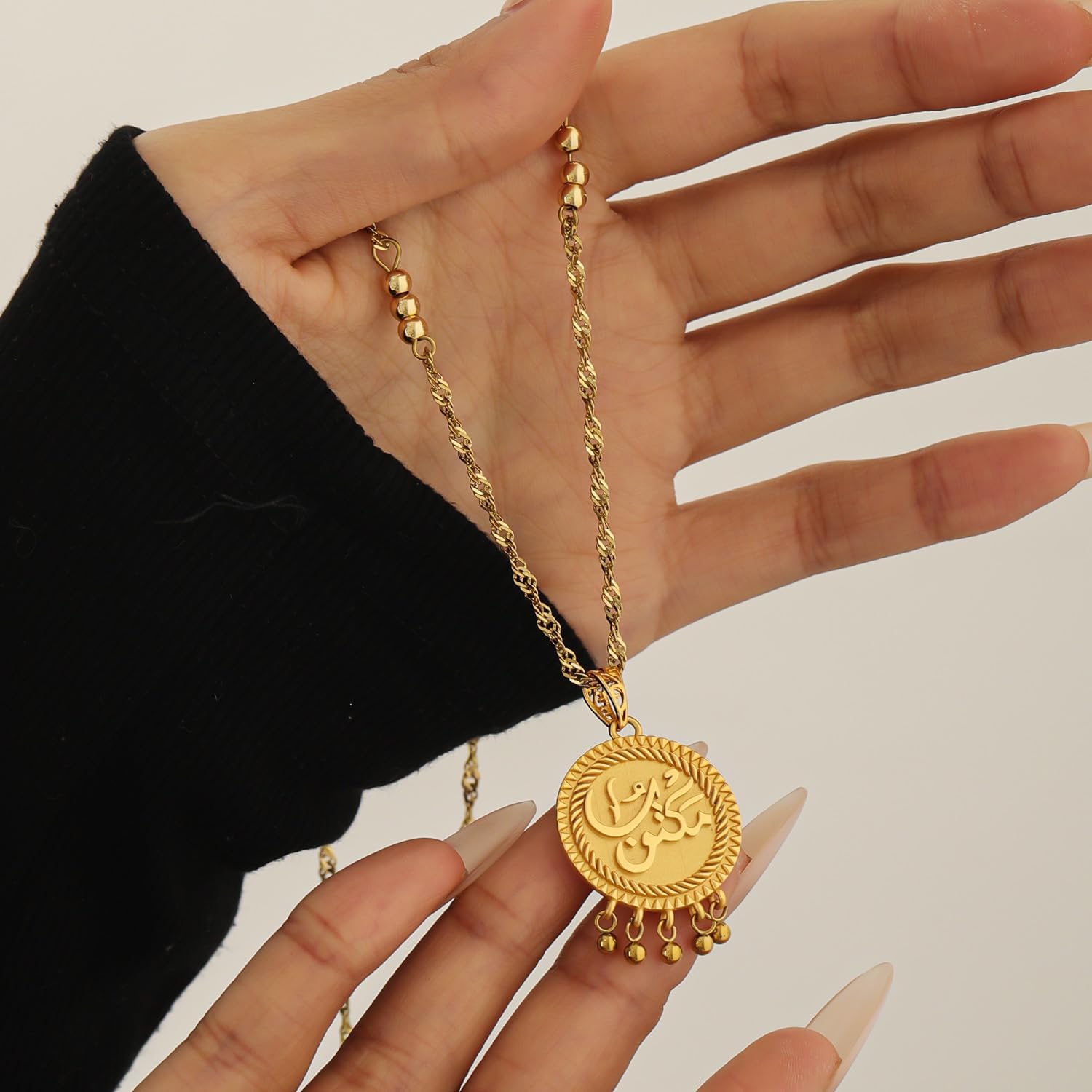 Maktub Coin Necklace Vintage Arabic Amulet Pendant Spiritual Jewelry for Men and Women Antique Gold Chain Handmade Destiny Talisman Retro Gift for Him or Her Boho Minimalist Style