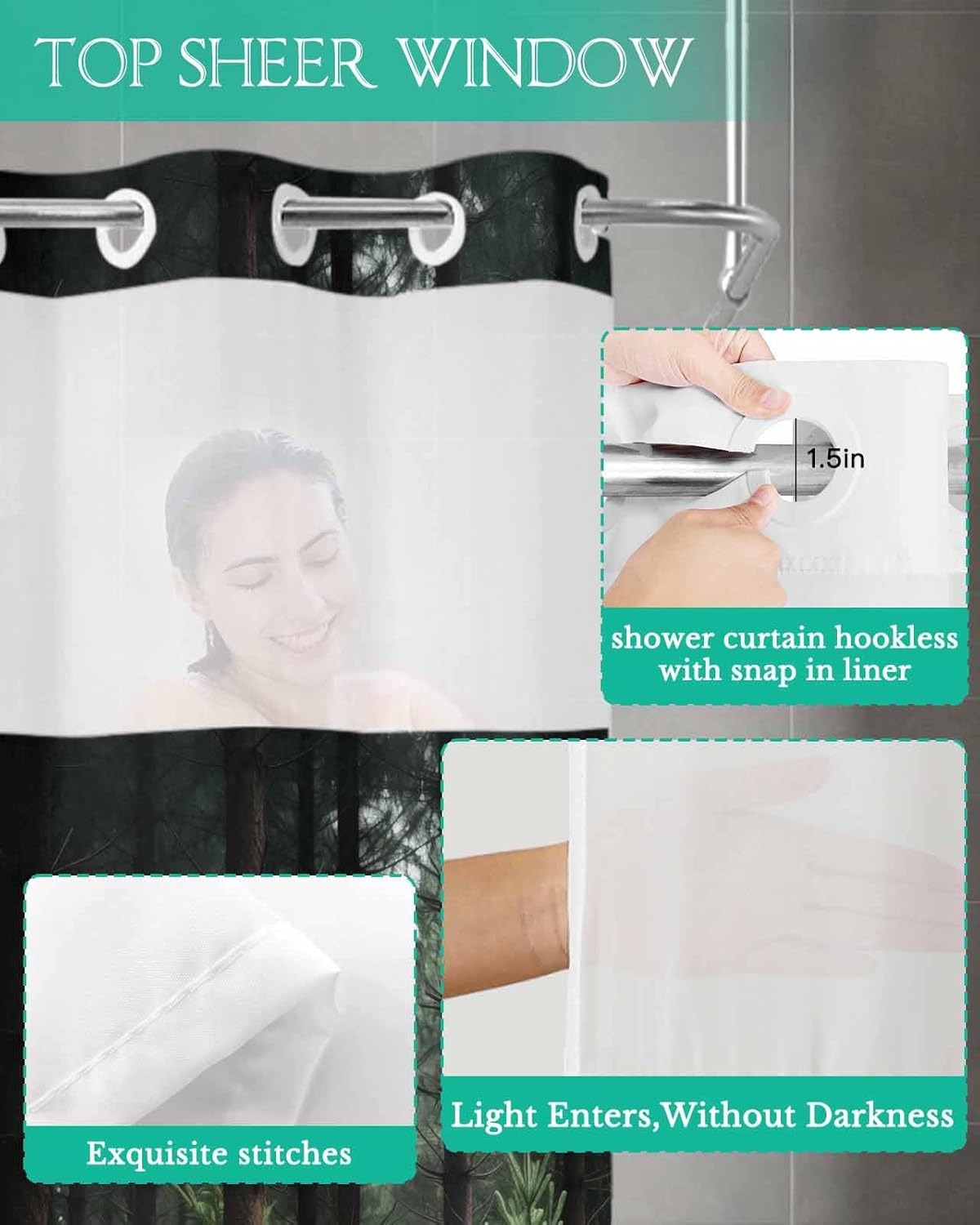 No Hook Shower Curtain and Snap in Liner Set, Green Forest Fabric Bathroom Shower Curtains 60x72 Inch, See Through Mesh Top Window, Mysterious Primitive Forest Pine Tree Hotel Style, Waterproof