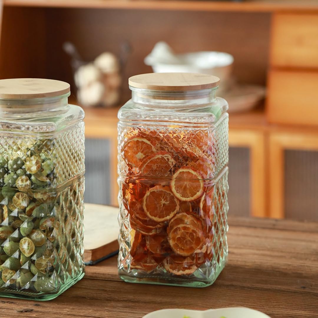 ANSQU 0.87 Gallon /111.5oz Glass Jar with Bamboo Lid, Large Cookie Jar, Glass Food Storage Container, Large Kitchen Canisters for Flour, Cereal, Coffee, Pasta and Canning, Square Mason Jars