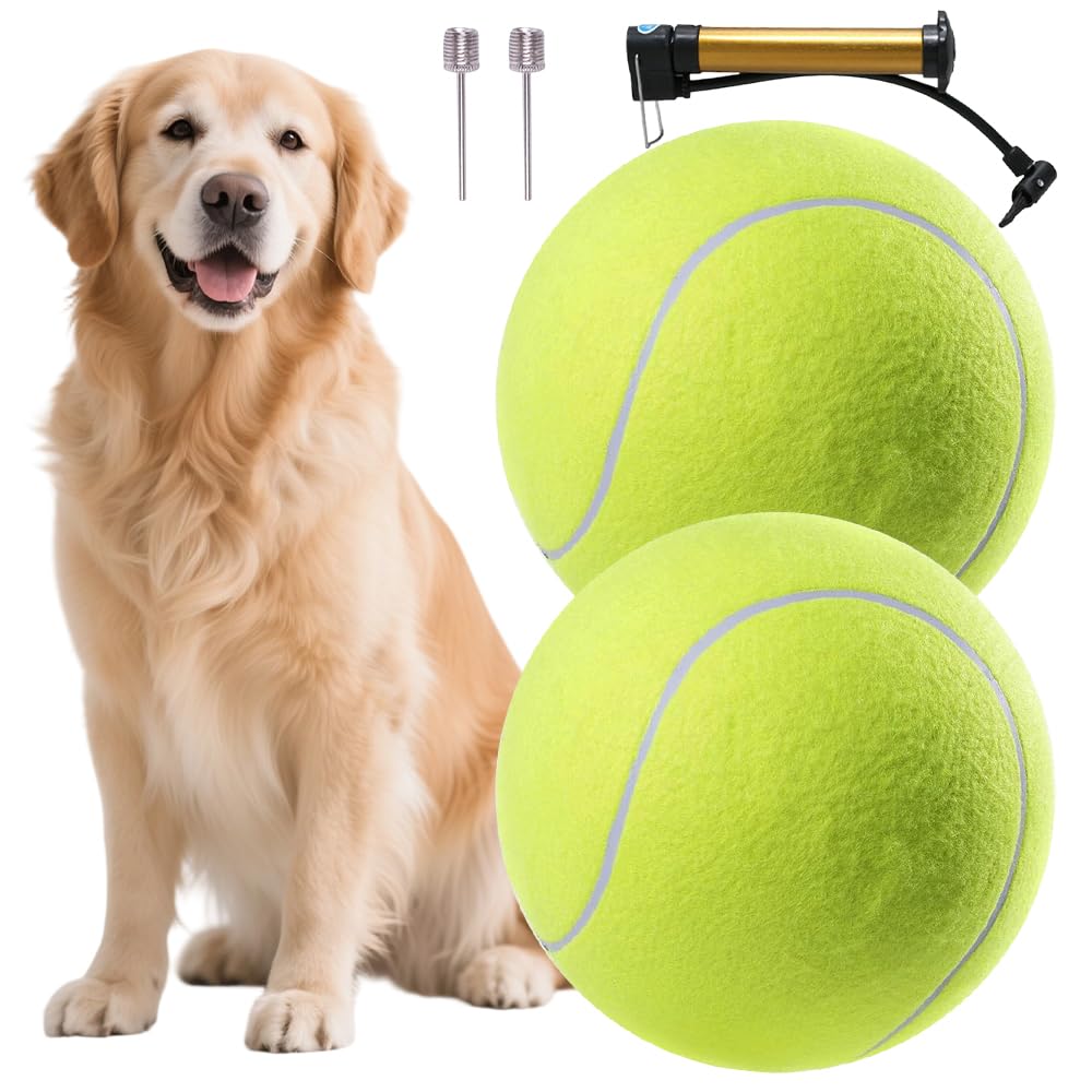 Jonuin Giant Tennis Ball, 2 Pcs 9.5" / 24cm Large Tennis Balls for Dogs, Inflatable Large Dog Tennis Ball with Air Pump & Needles, Oversize Tennis Ball for Dogs Indoor Outdoor Play Exercise