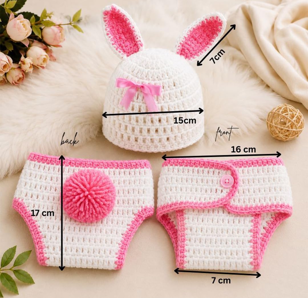 BabyMoon ( SET OF 2 Rabbit Crochet New Born Baby Photography Shoot Props Costume (0-6 Months, Snow White)(Silk) 2