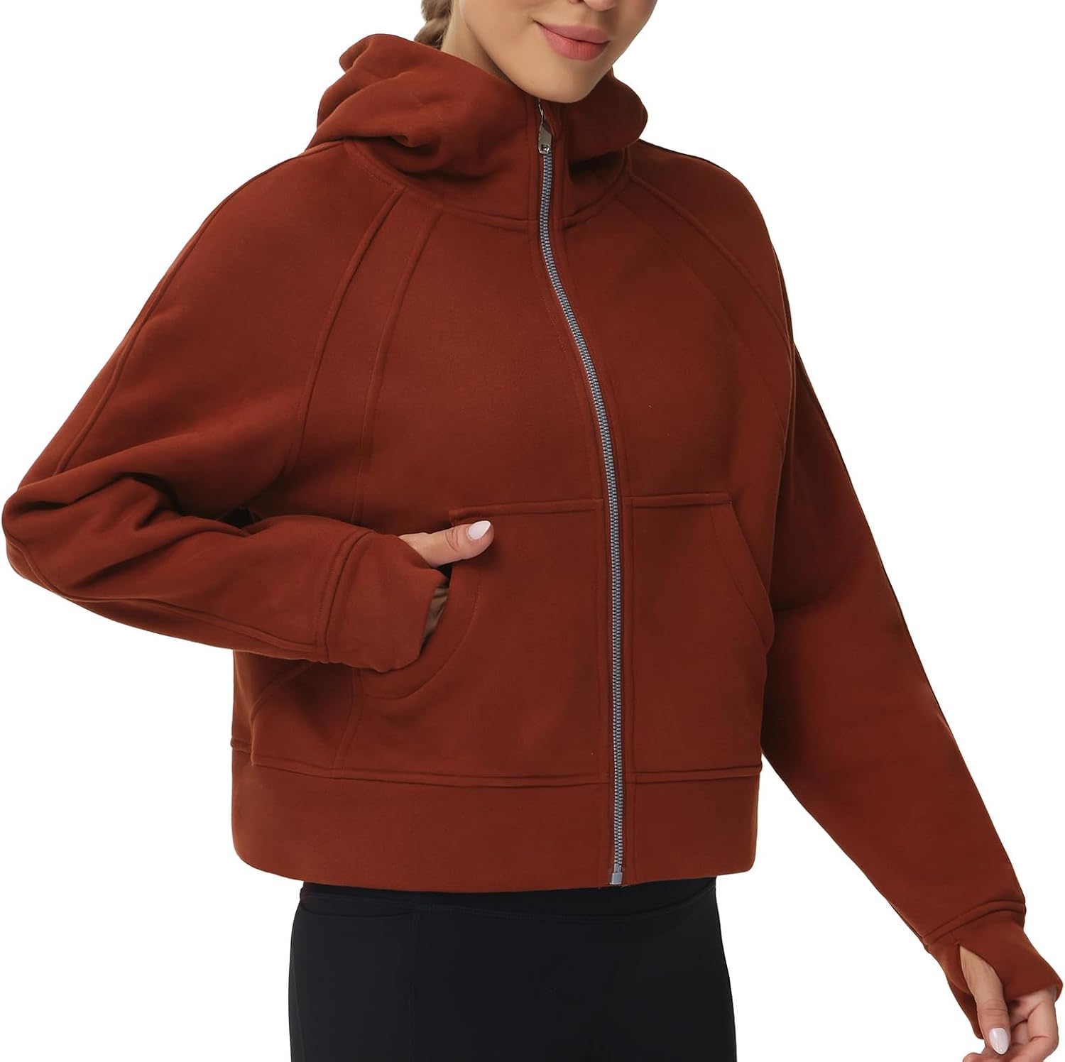 THE GYM PEOPLE Women's Full-Zip Up Hoodies Jacket Fleece Workout Crop Tops Sweatshirts with Pockets Thumb Hole - Image 2
