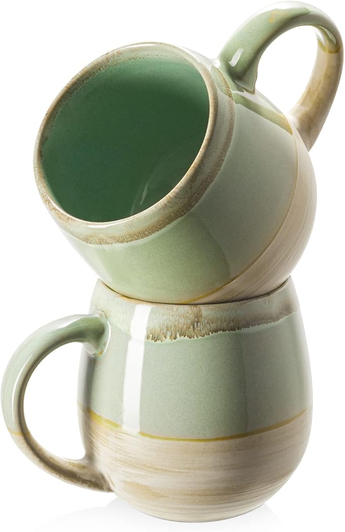 LIFVER 21 Oz Large Ceramic Coffee Mug, Stoneware Coffee Mugs Set of 2, Big Tea Cup for Office and Home, Big Latte Mugs for Coffee, Tea, Dishwasher and Microwave Safe, Green
