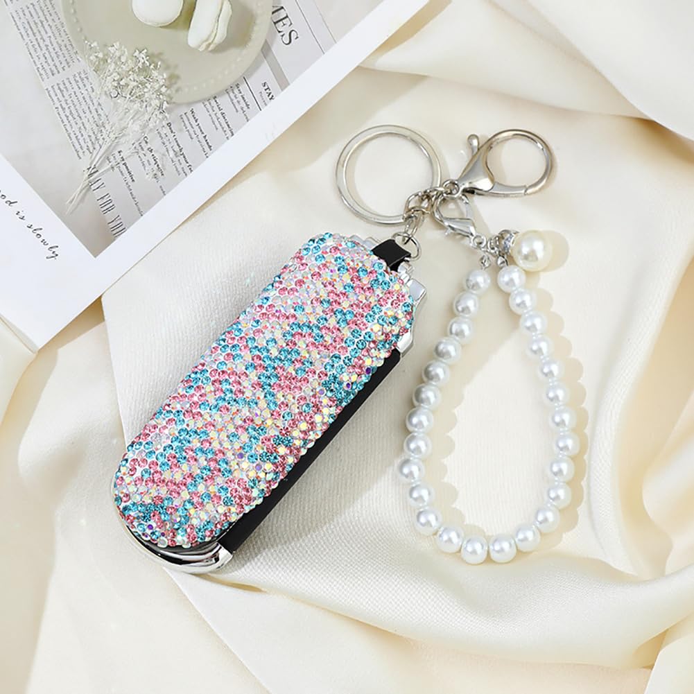Bling Folding Hair Brush Keychain Rhinestone Pocket Hair Brush Keyring Mini Paddle Hair Massage Comb with Mirror for Women Girls Blue - Image 2