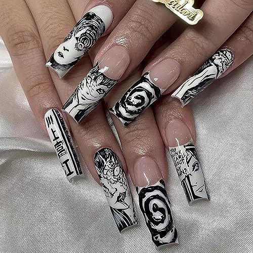 Halloween Press on Nails Long Fake Nails Black White Acrylic Nails Terror Glue on Nails with Ghost and Clown Designs Stick on Nails French False Nails Full Cover Artificial Nails for Women and Girls 24PCS