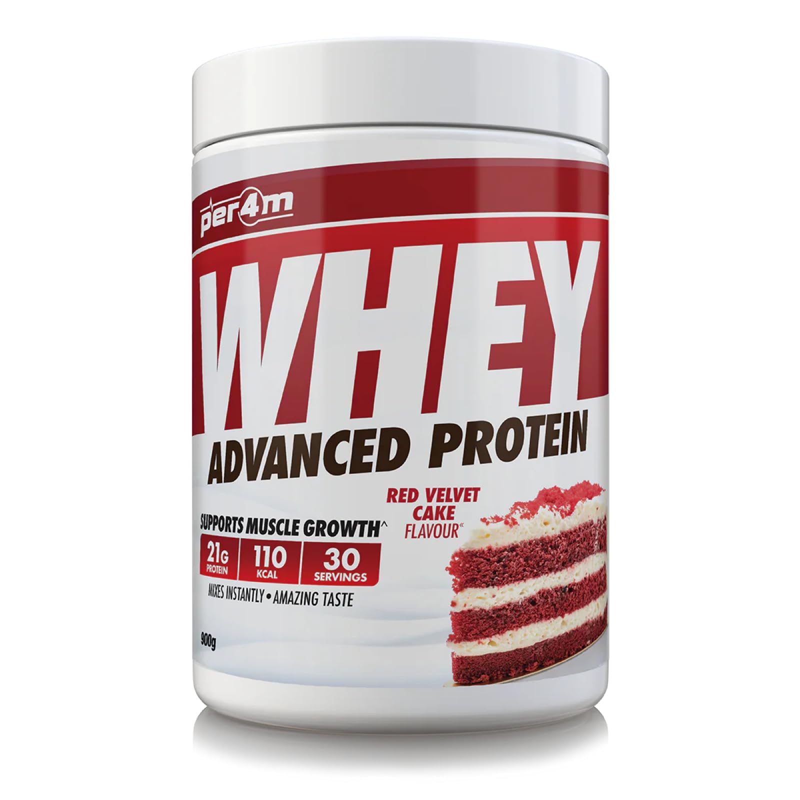per4mProtein Whey Powder | 30 Servings of High Protein Shake with Amino Acids | for Optimal Nutrition When Training | Low Sugar Gym Supplements (Red Velvet Cake, 900g)