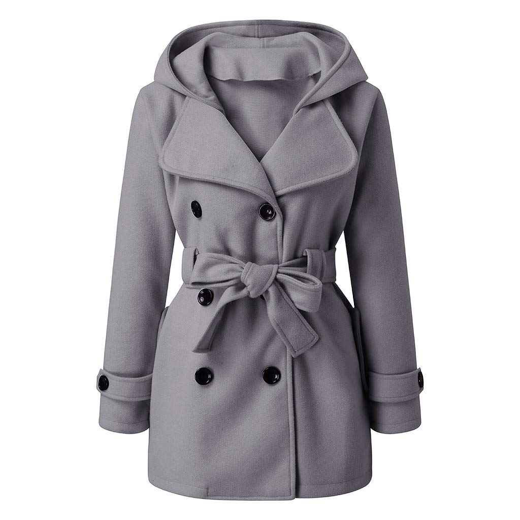 Women's Hooded Lapel Pea Coat, Fankle Sale Wool Blend Trench Coat with Belt, Winter Warm Pocket Jacket Parka Overcoat